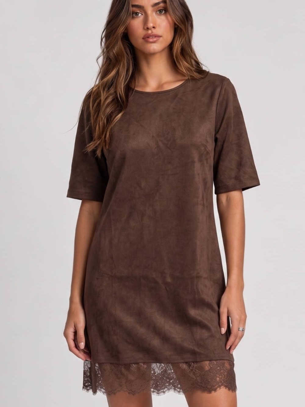 SM224 | Faux Suede Lace Hem Mini Dress